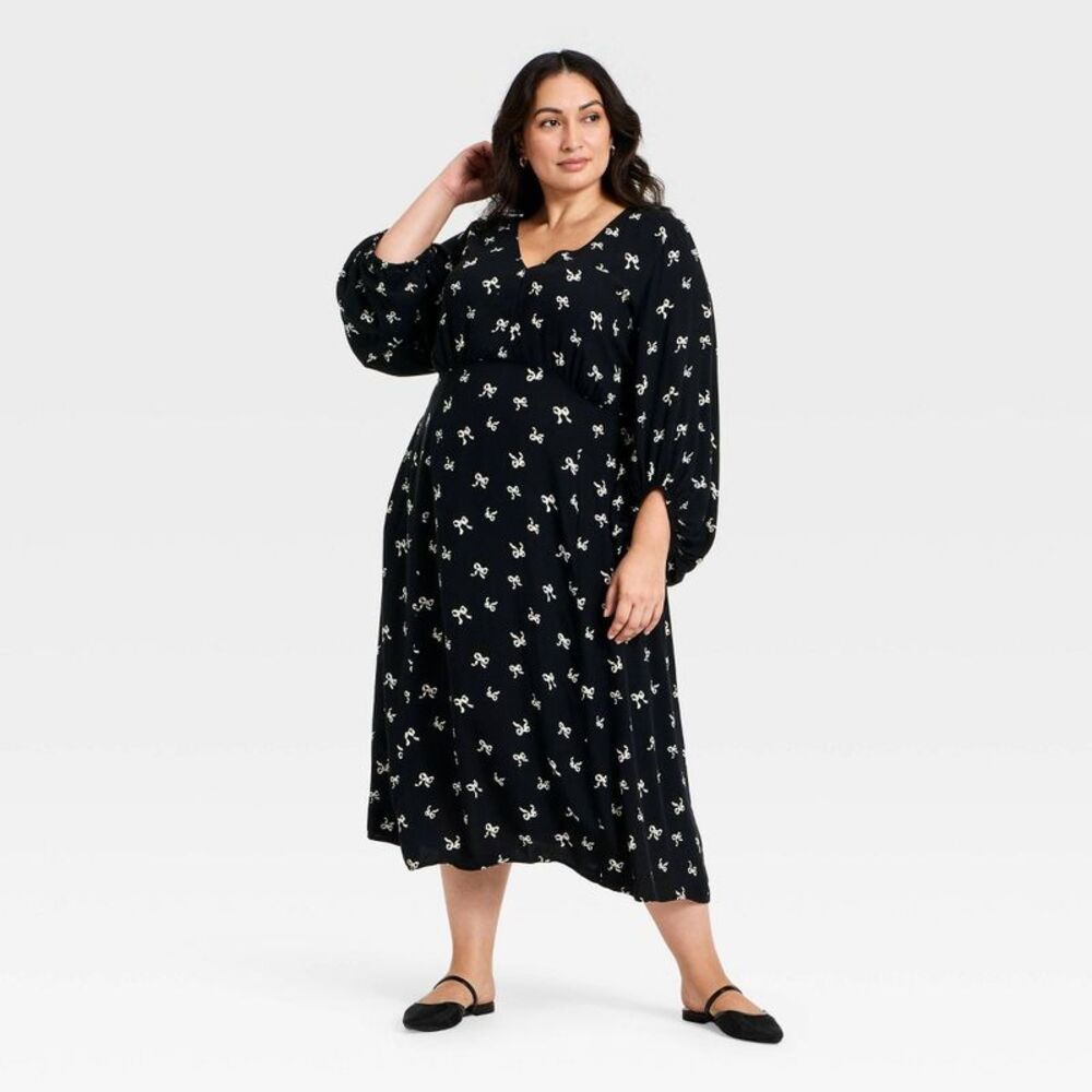 Women's Bishop Long Sleeve Midi A-Line Dress - Ava & Viv Black/Cream Bow 1X